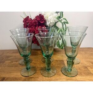 Vintage Hand Blown Green Glass‎ Wine Glasses Set Holiday Barware MCM Bar Cart